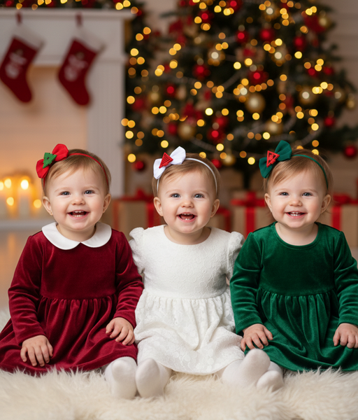 Set of 3 Christmas Tree Bows Alligator Clip- Red, White, Green