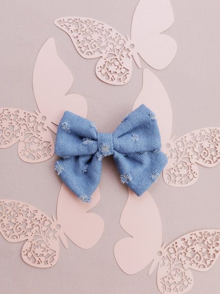 Ripped Denim Alligator Bow Hair Clip- Blue