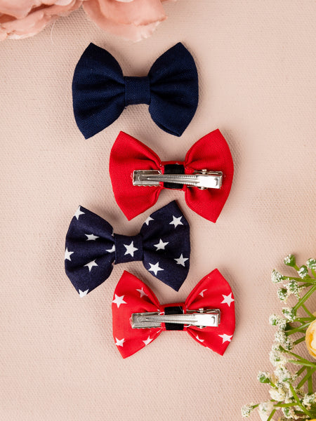 Set of 4 Star Printed Alligator Hair Clips- Red & Dark Blue