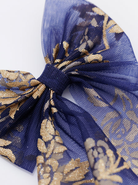 Dark Blue Gold Floral Pattern Sailor Hair Bow- Dark Blue