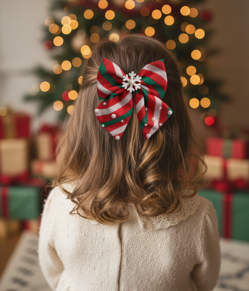 Christmas Pearl and Snowflake Embellished Bow Alligator Clip- Multicolor