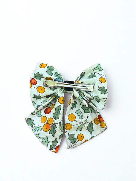Christmas Holly Berry Bow Alligator Clip- White