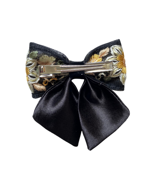 Floral Embroidered Sailor Bow Alligator Hair Clip- Black