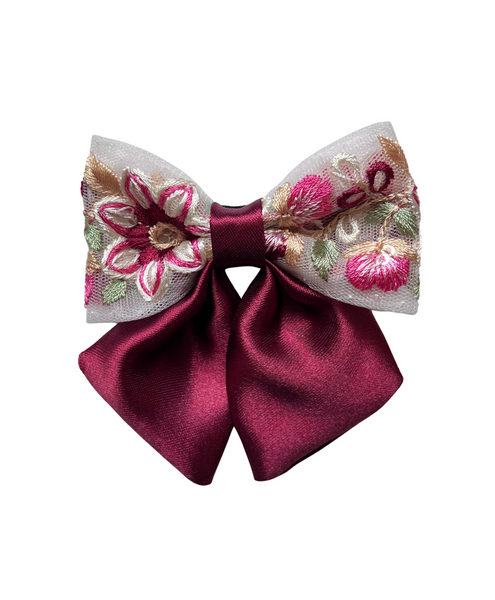 Floral Embroidered Sailor Bow Alligator Hair Clip- Maroon