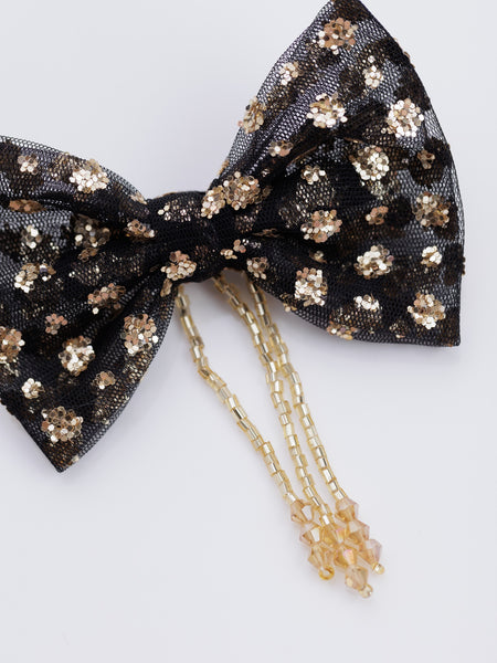 Sequins Embellished Alligator Bow Hair Clip with tassel- Black