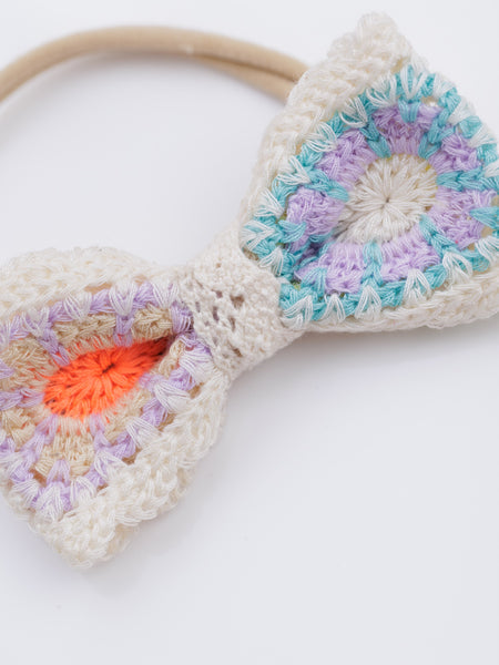 Pastel Petal Bow Crochet Head Band- White