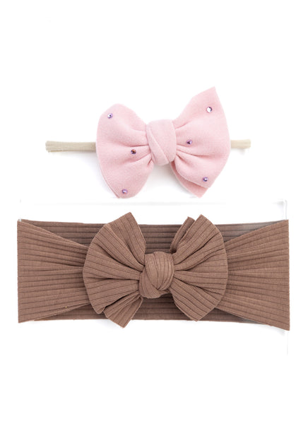 Girls Faux Suede Oversized Bow Headband & Headwrap Set- Light Pink & Brown