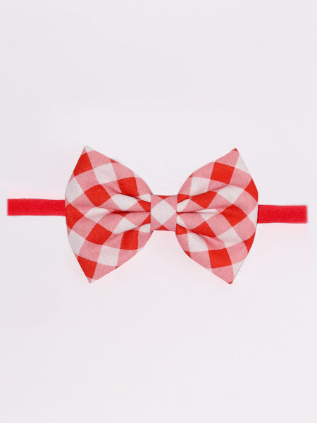 Christmas Checked Christmas Bow Headband- Red & White