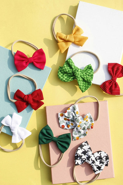 Knotted & Classic Bow Headband Set- Parrot Green, White & Red