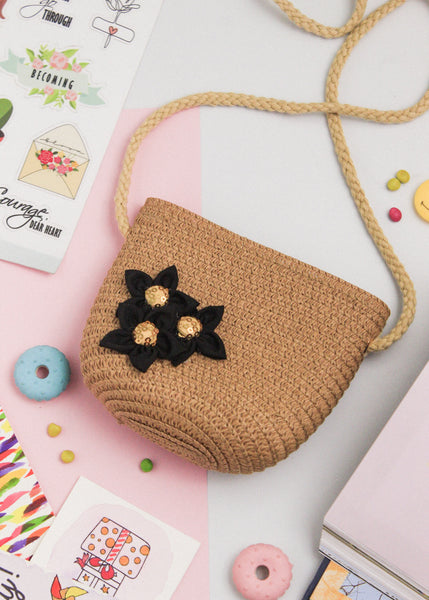 Kids Straw Sling Bag - Brown with Black Flowers