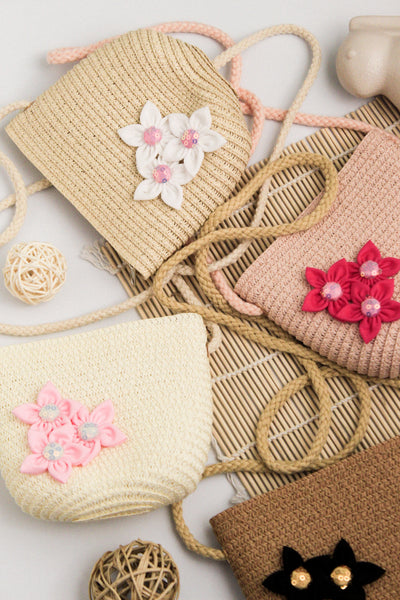 Kids Straw Sling Bag - Brown with Black Flowers