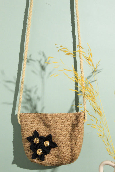 Kids Straw Sling Bag - Brown with Black Flowers
