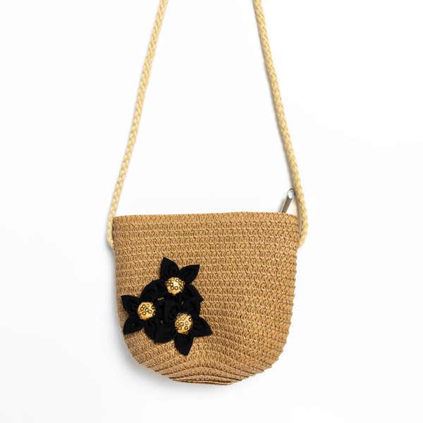 Kids Straw Sling Bag - Brown with Black Flowers