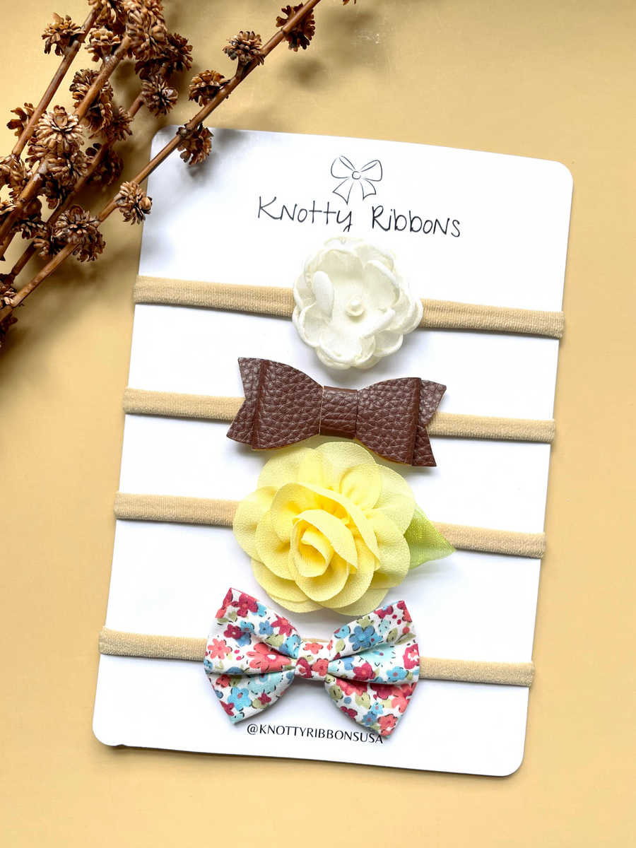 Flower Floral Bow Headband Set- White, Brown Yellow – Knotty