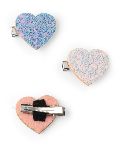 Glitter Heart Alligator Clip Set - Blue, White & Pink