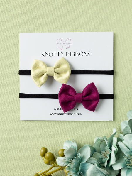 Petite Suede Bow Headband Set- Light Yellow & Dark Pink