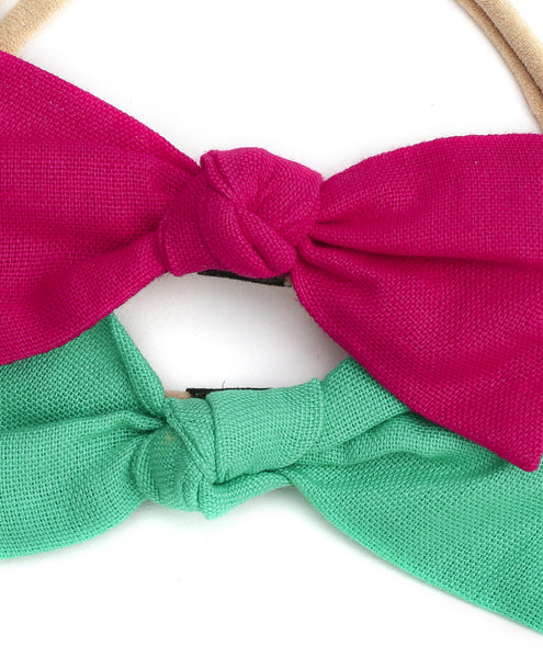 Knot Bow Headband Set - Dark Pink & Green