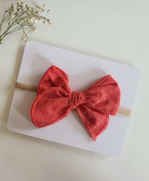 Newborn Linen Knit Bow Headband- Coral
