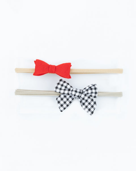 Checkered Sailor Bow & Felt Bow Newborn Headband Set- Red