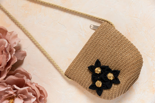 Kids Straw Sling Bag - Brown with Black Flowers