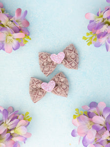 Heart Appliqued Bow Alligator Clips - Dusty Pink