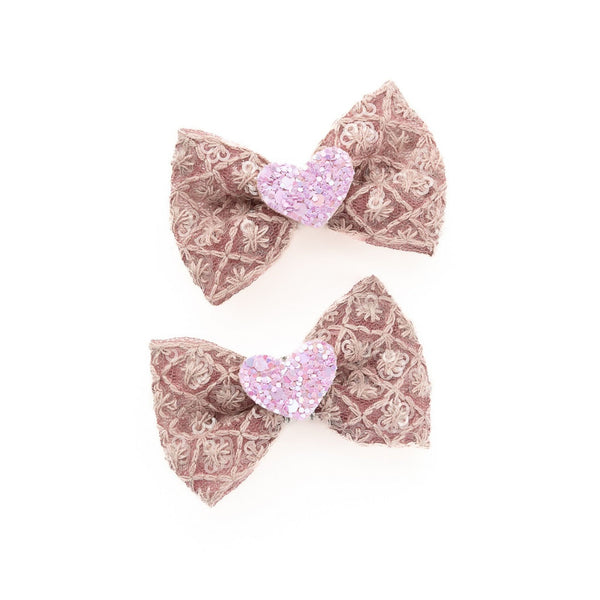 Heart Appliqued Bow Alligator Clips - Dusty Pink