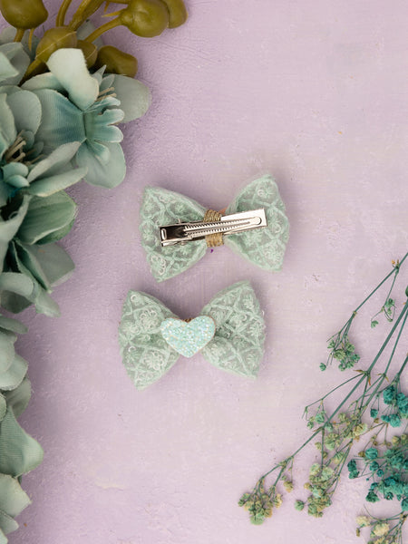 Heart Appliqued Bow Alligator Clips- Sea Green