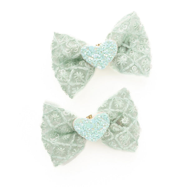 Heart Appliqued Bow Alligator Clips- Sea Green