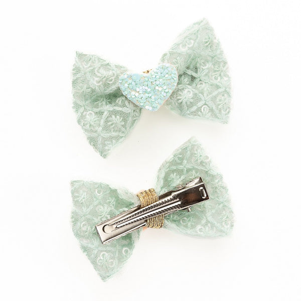 Heart Appliqued Bow Alligator Clips- Sea Green