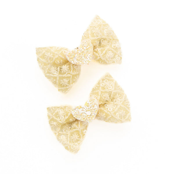 Heart Appliqued Bow Alligator Clips- Yellow
