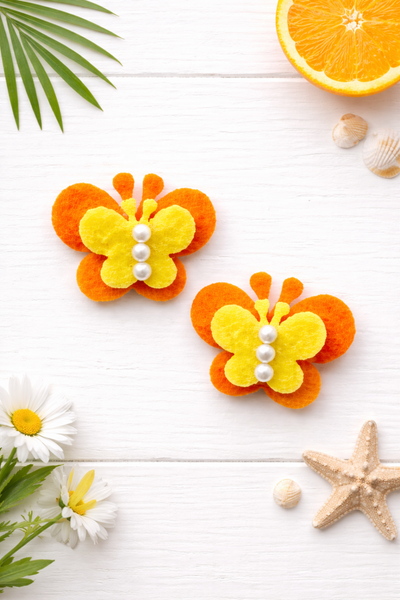Set Of 2 Butterfly and Pearl Alligator Clip- Orange