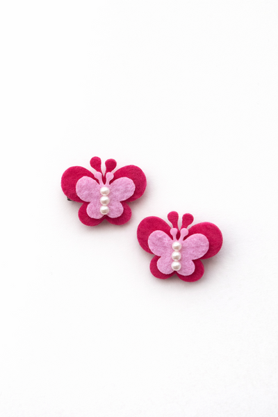 Set Of 2 Butterfly and Pearl Alligator Clip- Pink