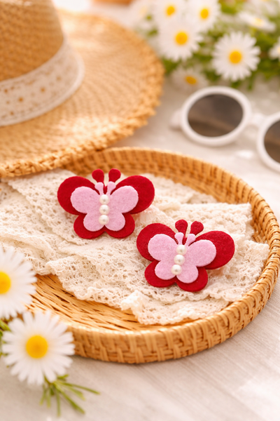 Set Of 2 Butterfly and Pearl Alligator Clip- Red