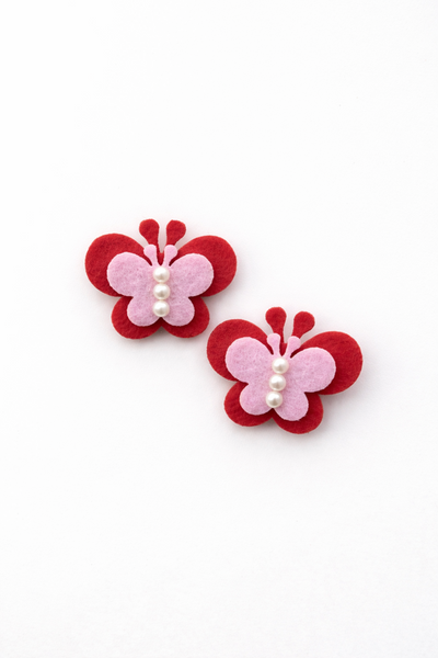 Set Of 2 Butterfly and Pearl Alligator Clip- Red