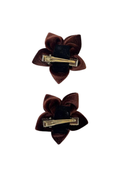 Set Of 2 Velvet Flower Alligator Clip- Brown
