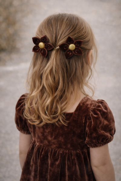 Set Of 2 Velvet Flower Alligator Clip- Brown