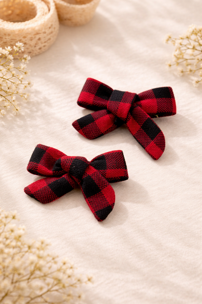 Set of 2 Plaid Knot Bow Alligator Clips – Red