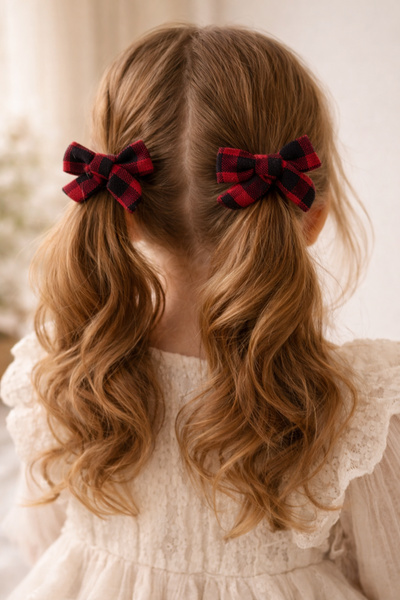 Set of 2 Plaid Knot Bow Alligator Clips – Red