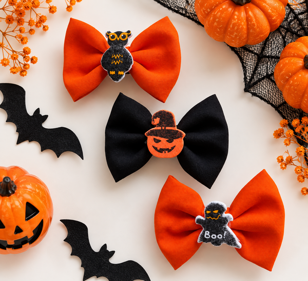 Set of 3 Halloween Applique Bow Alligator Clip- Orange Black