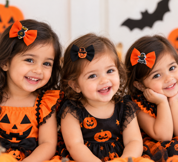 Set of 3 Halloween Applique Bow Alligator Clip- Orange Black