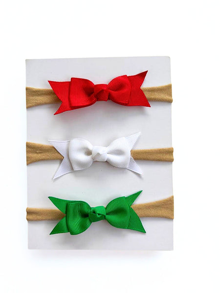 Set of 3 Ribbon Christmas Bows Trio Headbands- Red, White, Green