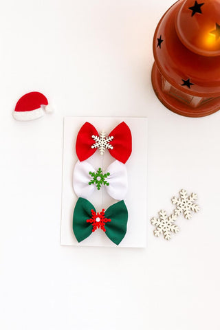 Set of 3 Snowflake Christmas Bows Alligator Clip- Red, White, Green