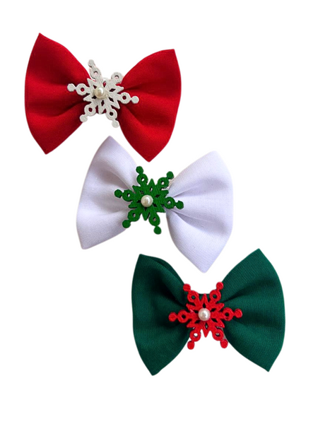 Set of 3 Snowflake Christmas Bows Alligator Clip- Red, White, Green