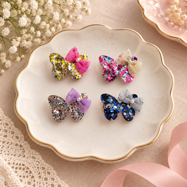 Set of 4 Glittery Butterfly Bow Alligator Clip- Multicolor