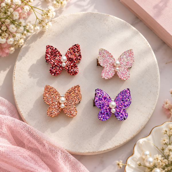 Set of 4 Glittery Butterfly Pearl Alligator Clip- Multicolor