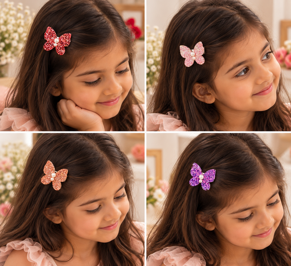 Set of 4 Glittery Butterfly Pearl Alligator Clip- Multicolor