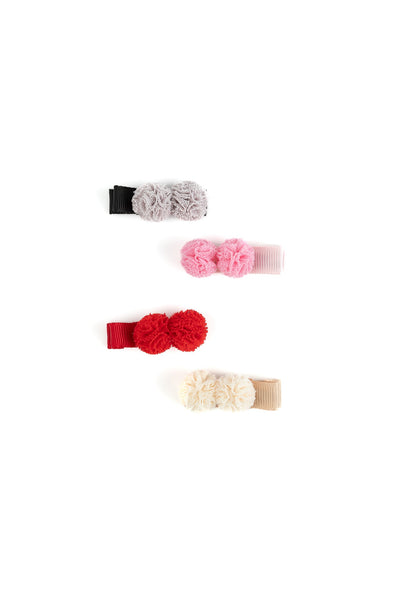 Mini Pom Pom Alligator Hair Clips- Off White, Red, Pink and Gray