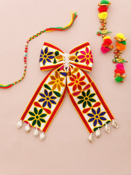 Navratra Huge Bow floral threadwork & cowries Alligator Clip- Multicolor