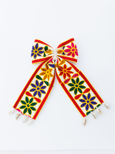 Navratra Huge Bow floral threadwork & cowries Alligator Clip- Multicolor