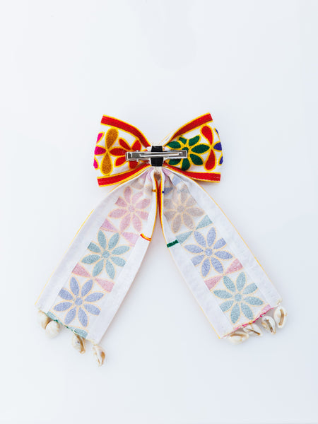 Navratra Huge Bow floral threadwork & cowries Alligator Clip- Multicolor